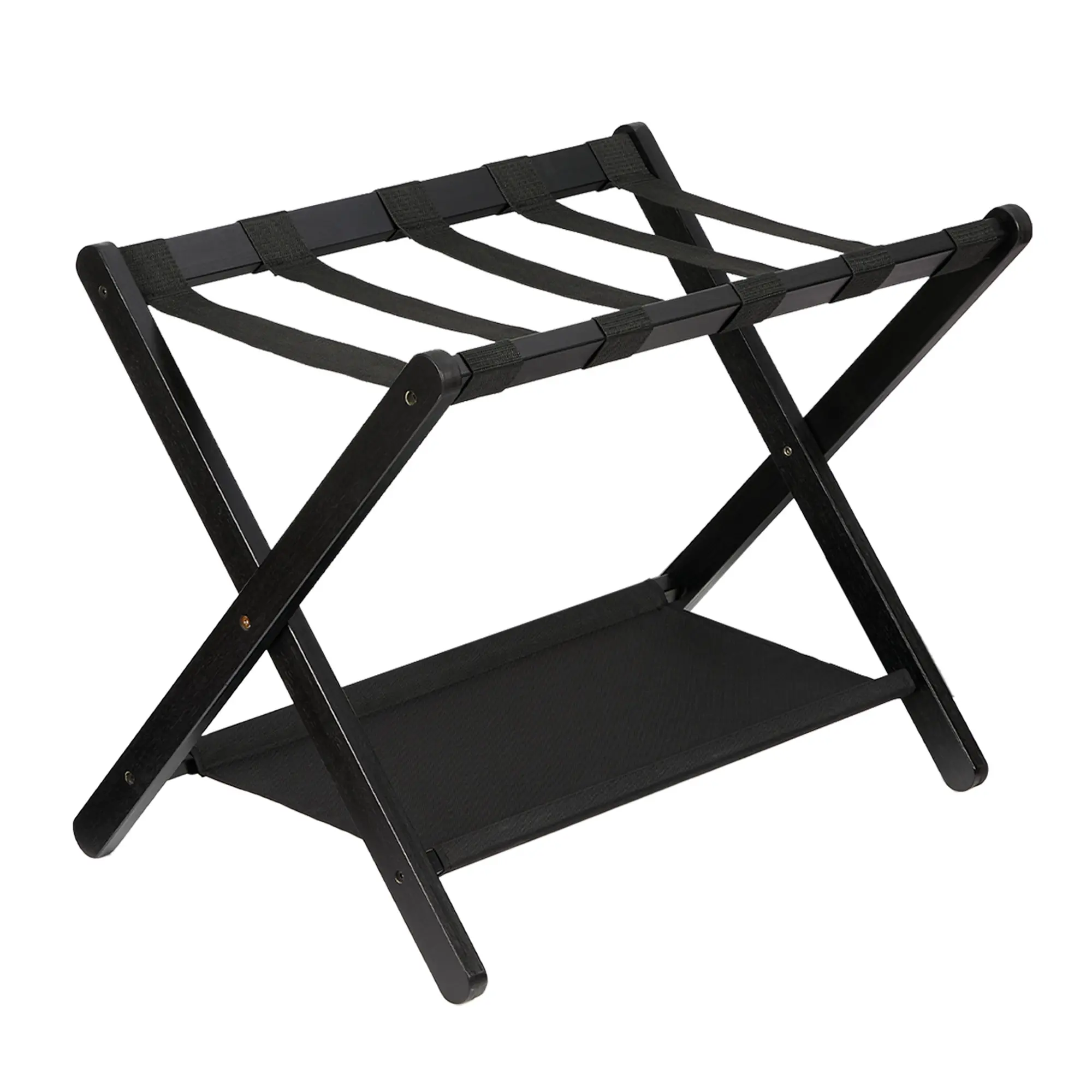 Luggage Rack, Folding Suitcase Stand with Storage Shelf and Nylon Straps, Premium Bamboo Luggage Rack, Holds Up to 110 Lb, Fits Most Luggage Sizes, for Bedrooms, Living Rooms, and Hotels