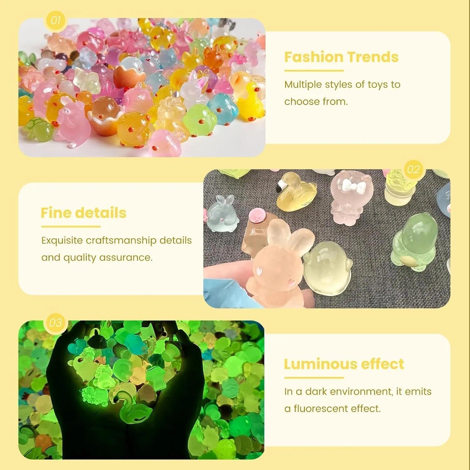 50PCS Mini Resin Animals Variety Pack, Random Assorted Tiny Resin Animal Figurines Glow in the Dark for Fairy Garden Accessories, Aquarium and Micro Landscape Decoration