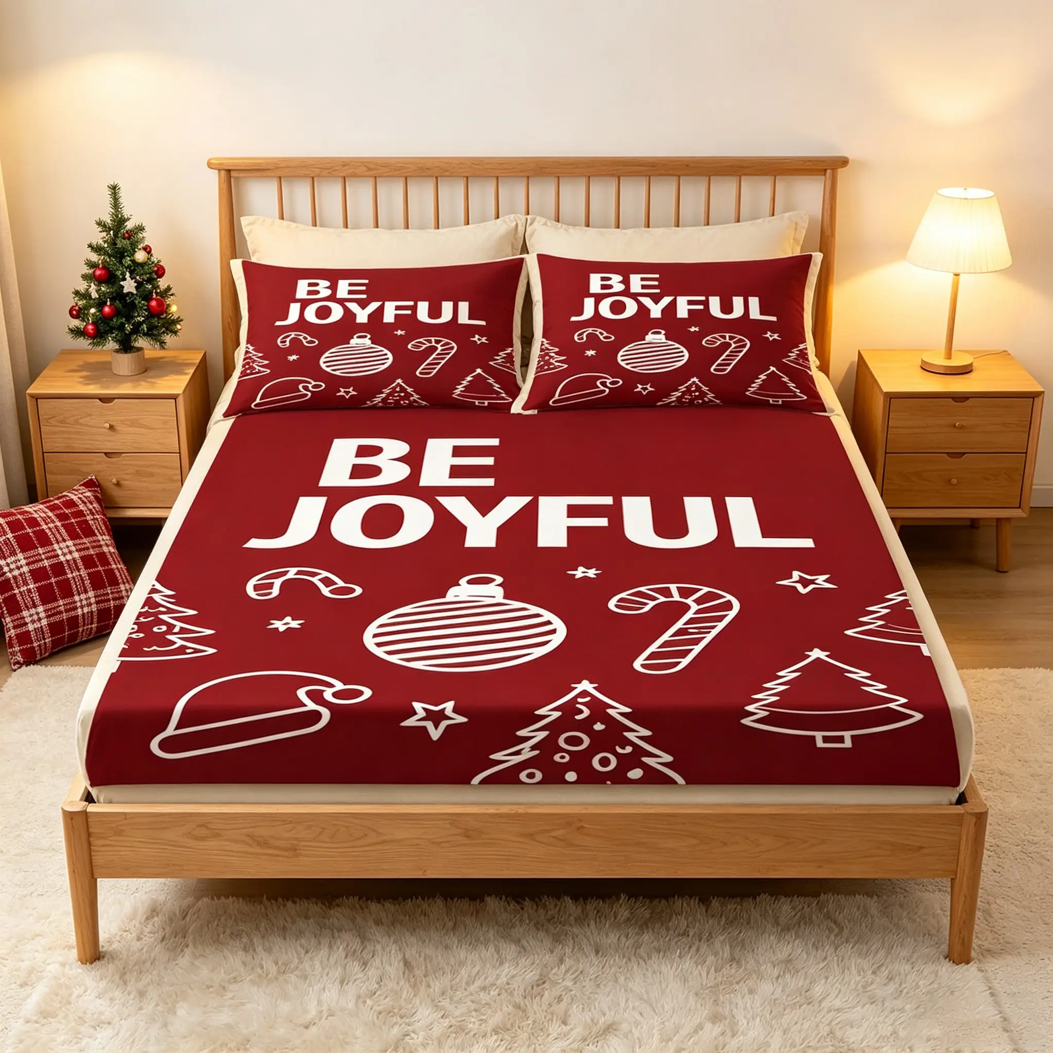 3pcs Christmas red printed bed sheet three piece set, all inclusive non slip mattress protective cover, Christmas hanging decoration, Christmas tree pattern bed sheet with pillowcase set, home bedroom, holiday atmosphere bedding set