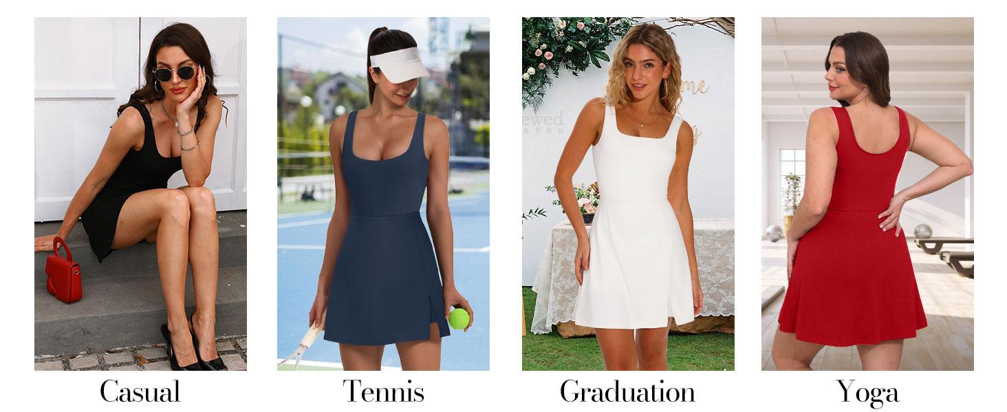 OFEEFAN Athletic Dress for Women Mini U Neck Sleeveless Built in Shorts with Pockets Tennis Golf Graduation