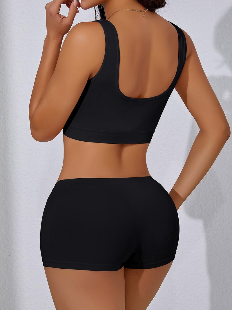 Women's Solid Wireless Bra & Skinny Boyshorts Set, Breathable Comfortable Backless Push Up Bra & Panty Shorts Underwear Sets, Women Sweatsuit Set, Ladies Underwear Set for Indoor Wear, Women's Underwear Set, Yoga Clothes Set, Activewear Clothing