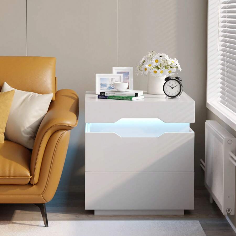 Nightstand With Charging Station, 20 RGB Colors LED Lights, Side Table With Plug Outlets & 2 USB Ports, Bedside Table With 2 Drawers & Top Storage Space