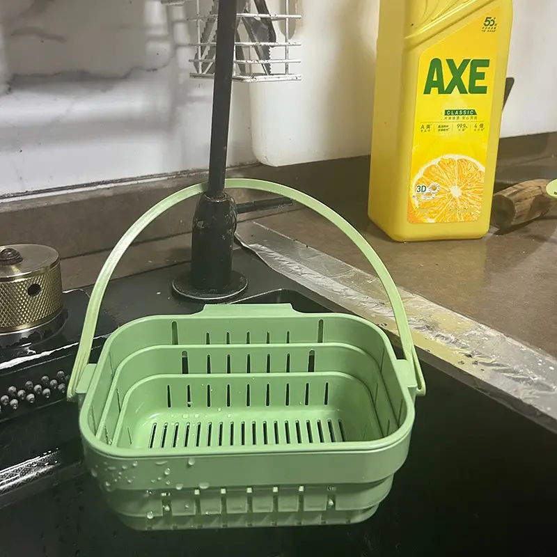 Foldable Hanging Sink Draining Basket, Stretchable Kitchen Colander with Flip Cover, Space Saving Food Strainer, Multi-Functional Faucet Storage Rack