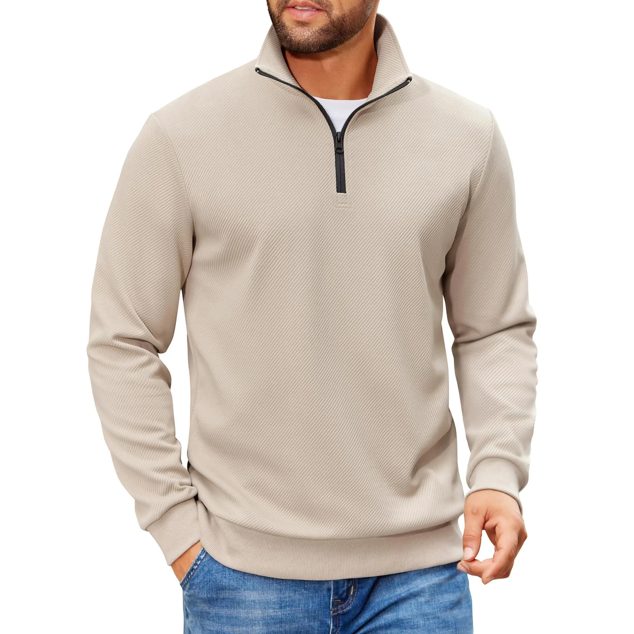 COOFANDY Menswear Quarter-Zip Pullover Sweatshirt - Lightweight Long-Sleeve Mock Neck Ribbed Casual Top with Zipper, Tops, Fabric