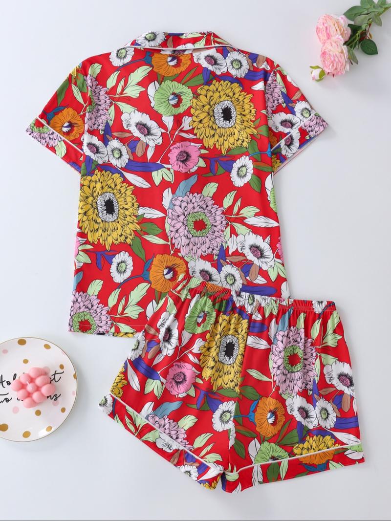 Women's Floral Print Lapel Neck Button Front Shirt & Elastic Waist Shorts Pyjama Two-piece Set, Casual Comfy Short Sleeve Pocket Top & Shorts Pj Set, Ladies Summer Sleepwear, Cute Pajama Sets Women, Pajamas, Button Closure Top
