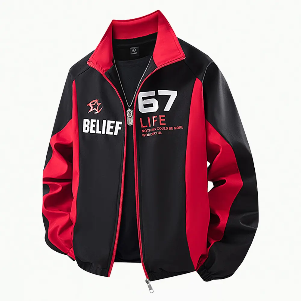 Men's Color-block Stand Collar Techwear Jacket, New Arrival for Spring and Autumn, Black-Red Contrast Color with Letter & Number Print, Zip-up Coat, Loose Fit with Cuffed Sleeves, Trendy Casual Street-Style Versatile Top
