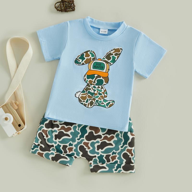 Kids Boys Shorts Set, Short Sleeve Rabbit Print T-shirt with Camouflage Shorts Easter Clothes Summer Outfit Kids Boys Shorts Set, Short Sleeve Rabbit Print T-shirt with Camouflage Shorts Easter Clothes Summer Outfit