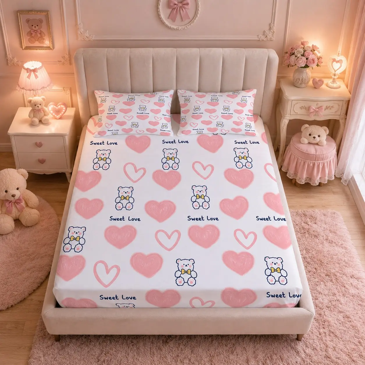 3 Pieces Cute Cartoon Bow Tie Bear Fitted Sheet Set, 1 Fitted Sheet + 2 Pillowcases, No Inserts Included, Soft Skin-Friendly Microfiber Mattress Cover with Cream Background Kawaii Pink Heart Print, Suitable for Teen Girls Bedroom, Dorm & Home Decoration