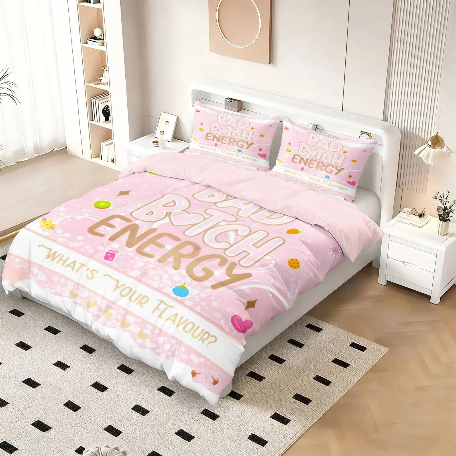 Bad Batch Energy Trendy Fun Print Duvet Cover Set & 1-2 Pillowcases, Pink Y2K Sweet Cool Fruity Slogan with Pink Skin-Friendly Lining, Soft Comfortable, Teen Girls' Bedroom & Internet Celebrity Space Decor