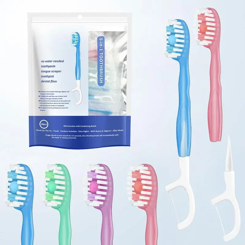 26PCS disposable mini toothbrushes, travel pack, portable with toothpaste, water-free, rinse-free toothbrush, toothpick, multi-effect, fresh mouth, Oral Hygiene Essentials
