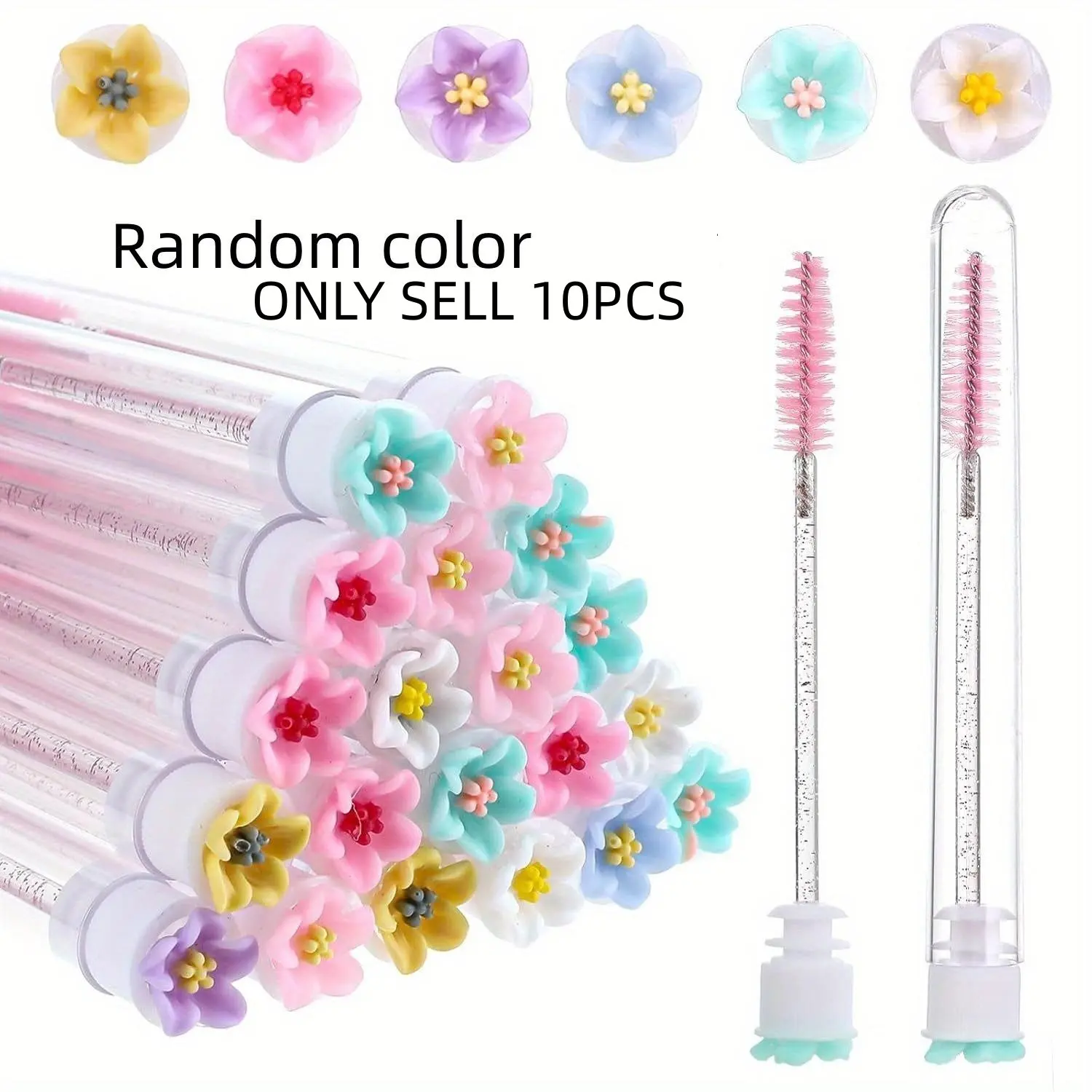 10pcs Makeup Cosmetic Mascara Wand Set, Makeup Tools Set, Beauty Care Tool with Floral Flower Design, Replacement Spoolie Brushes, Eyelash Extension Applicators, Polyester Bristles, ABS Plastic Handle, Unscented, Oval Brush Shape for Normal Skin