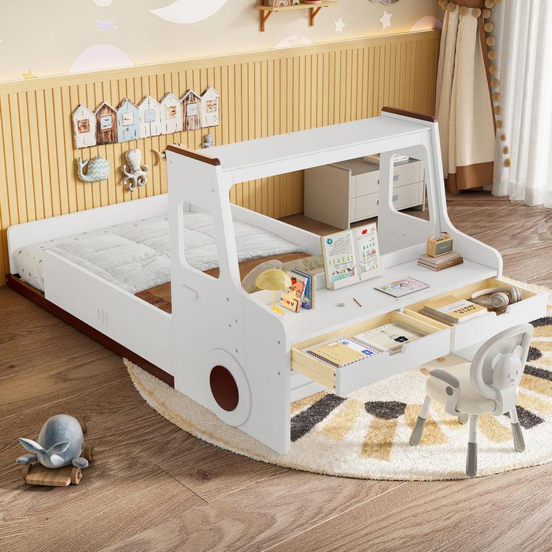 Bellemave Twin Size Car-Shaped Floor Bed with Storage Drawers & Desk White Fun Kids Bed with Window Sturdy Construction Easy Assembly for Young Children Bellemave Twin Size Car-Shaped Floor Bed with Storage Drawers & Desk White Fun Kids Bed with Window Sturdy Construction Easy Assembly for Young Children