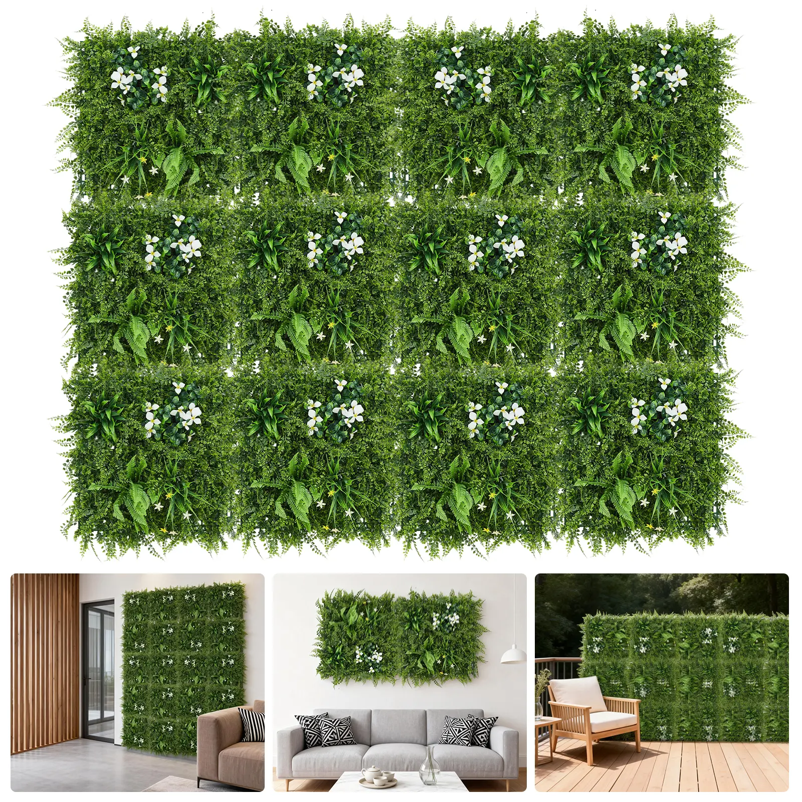 12 Pack Realistic Artificial Green Wall Panels - 3D Faux Plant Hedge for Home, Balcony, Garden & Event Decor