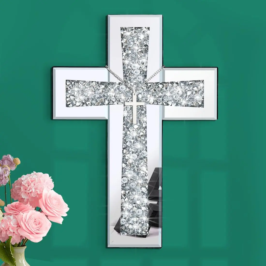 Aeveco Silver Mirrored Cross Wall Decoration, Glass-MDF-Stainless Steel Religious Wall Art, Crystal Crush Diamond Accent Home Decor for Living Room