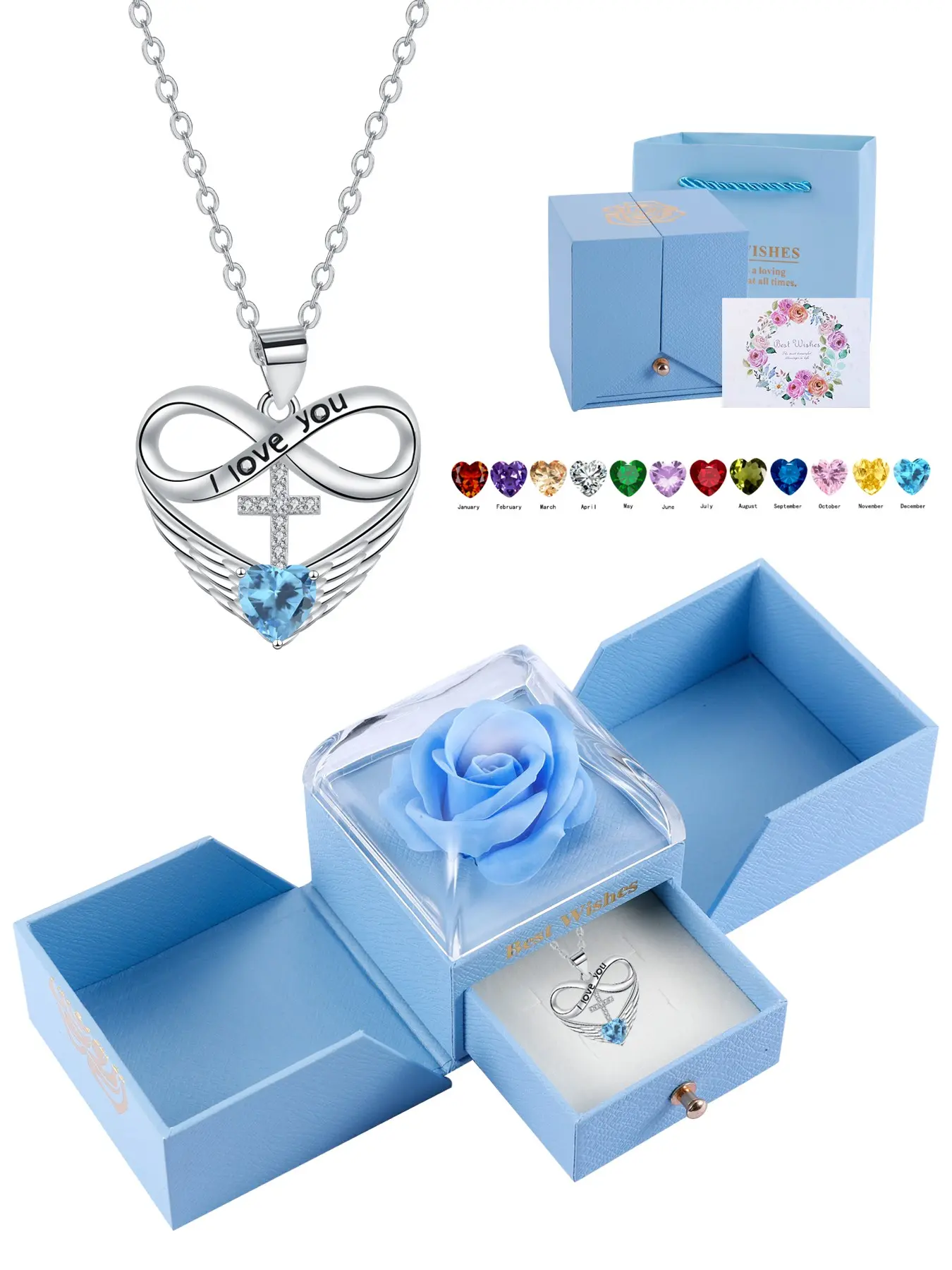 Love Heart Infinity Cross Necklace With Rose Jewelry Gift Box, I Love You Cross Necklace for Women, Faith Christian Jewelry Birthday Gift for Mom Wife Girlfriend