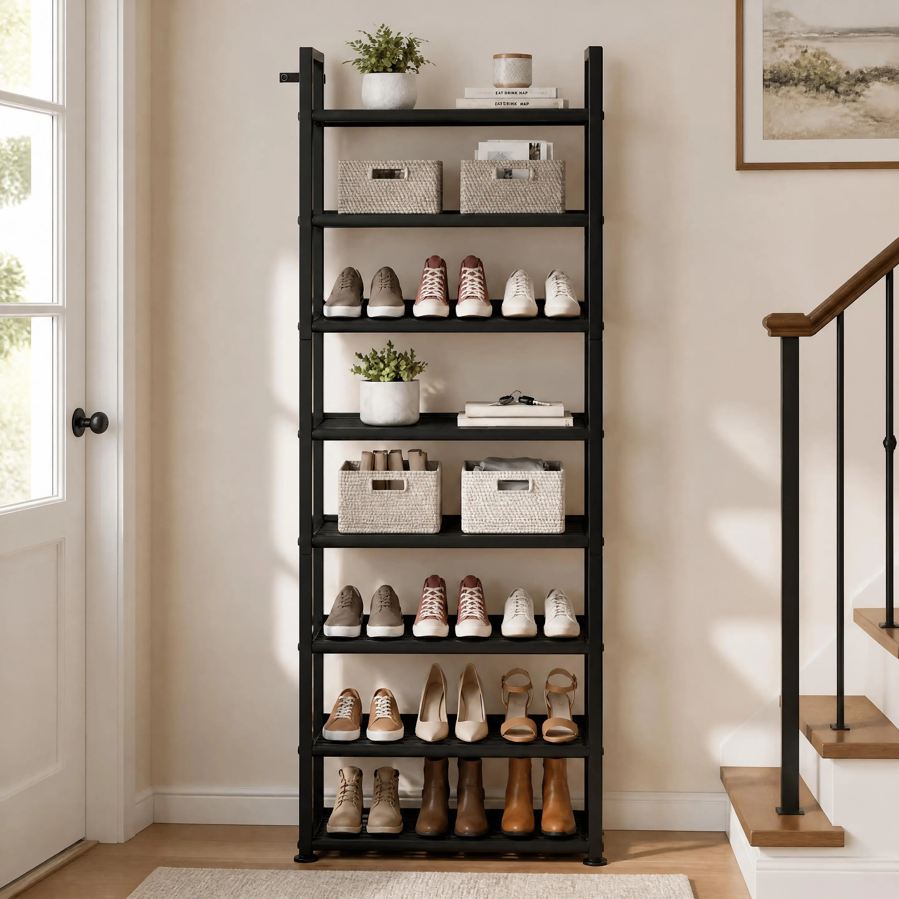 Garvee Adjustable Multi-Size Metal Shoe Rack - 8-Tier & 3-Tier Slim Stackable Organizer with Side Hooks, Metal Frame, Sturdy Base, Holds 16-30 Pairs for Entryway, Closet