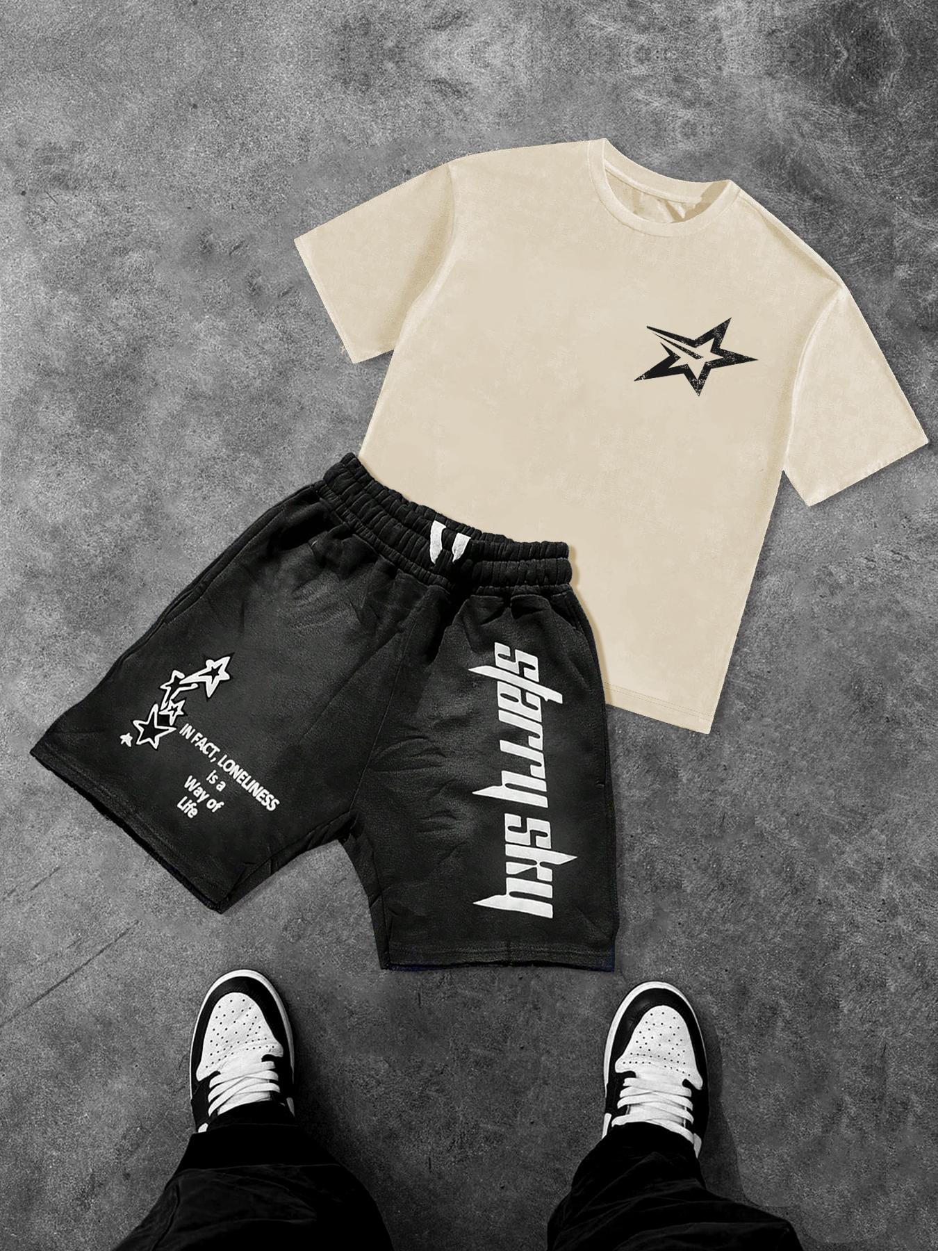 Two-Piece Set Men's Star Print Knit Short Sleeve Tee & Drawstring Waist Shorts Set, Regular Fit Casual Round Neck T-shirt & Track Shorts, Men's Summer Clothes