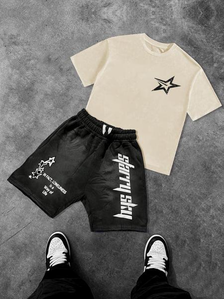 Two-Piece Set Men's Star Print Short Sleeve Tee & Drawstring Waist Shorts Set, Regular Fit Casual Round Neck T-shirt & Track Shorts, Men's Summer Clothes