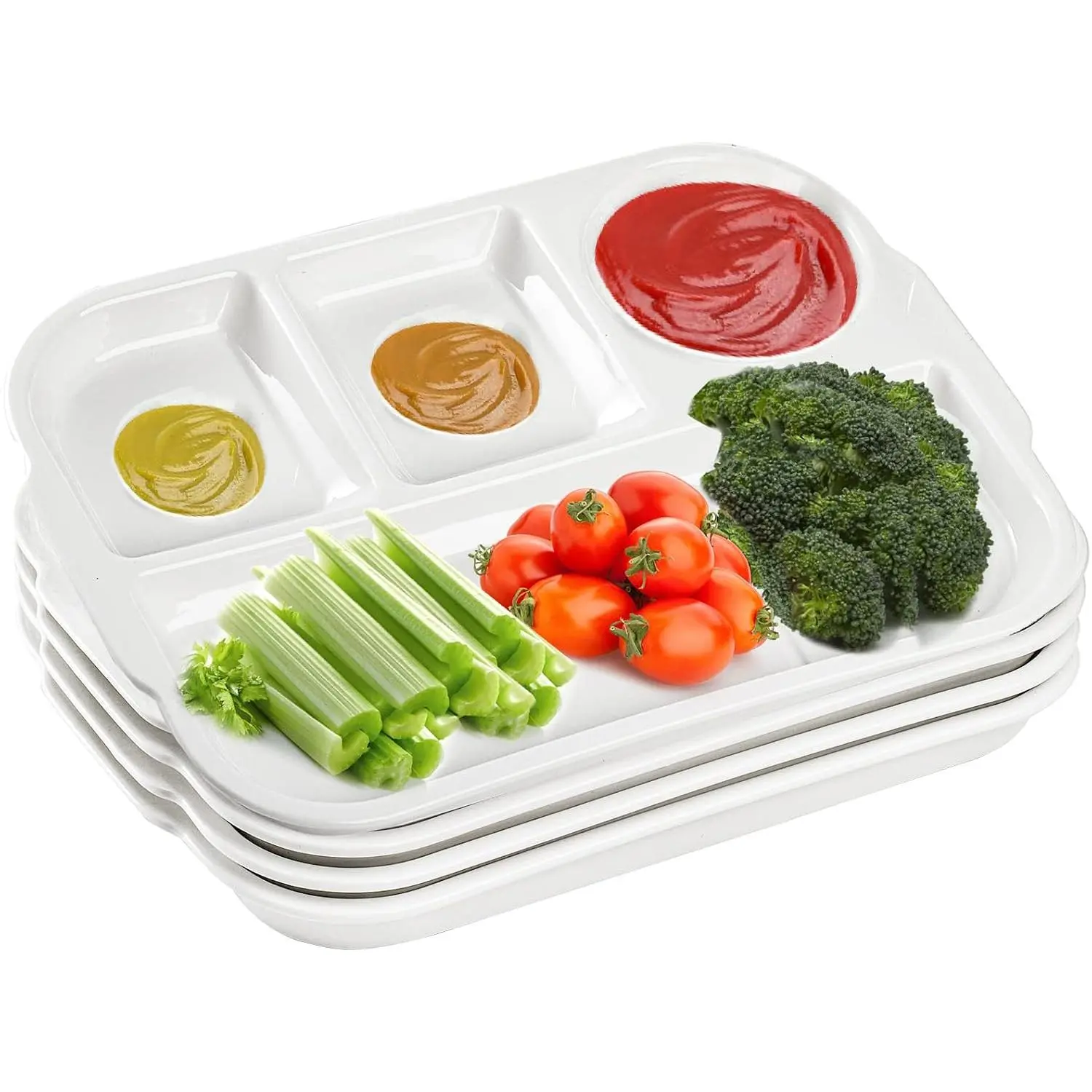 4 Pack Divided Dinner Trays, Ceramic Serving Platter Dinner Plates with 4 Compartments Partition   Lunch Tray for Portion Control, Fondue Plates with Vinegar Sauce Dish
