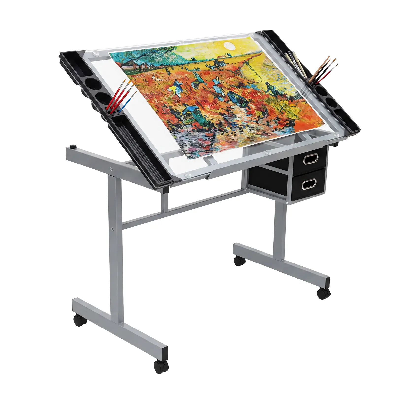 Adjustable Glass Drafting Desk for Office  0-65° Tilting Glass Tabletop   Drawers Rolling Wheels  Mobile Art and Drawing Workstation for Artists, Designers, Home Office