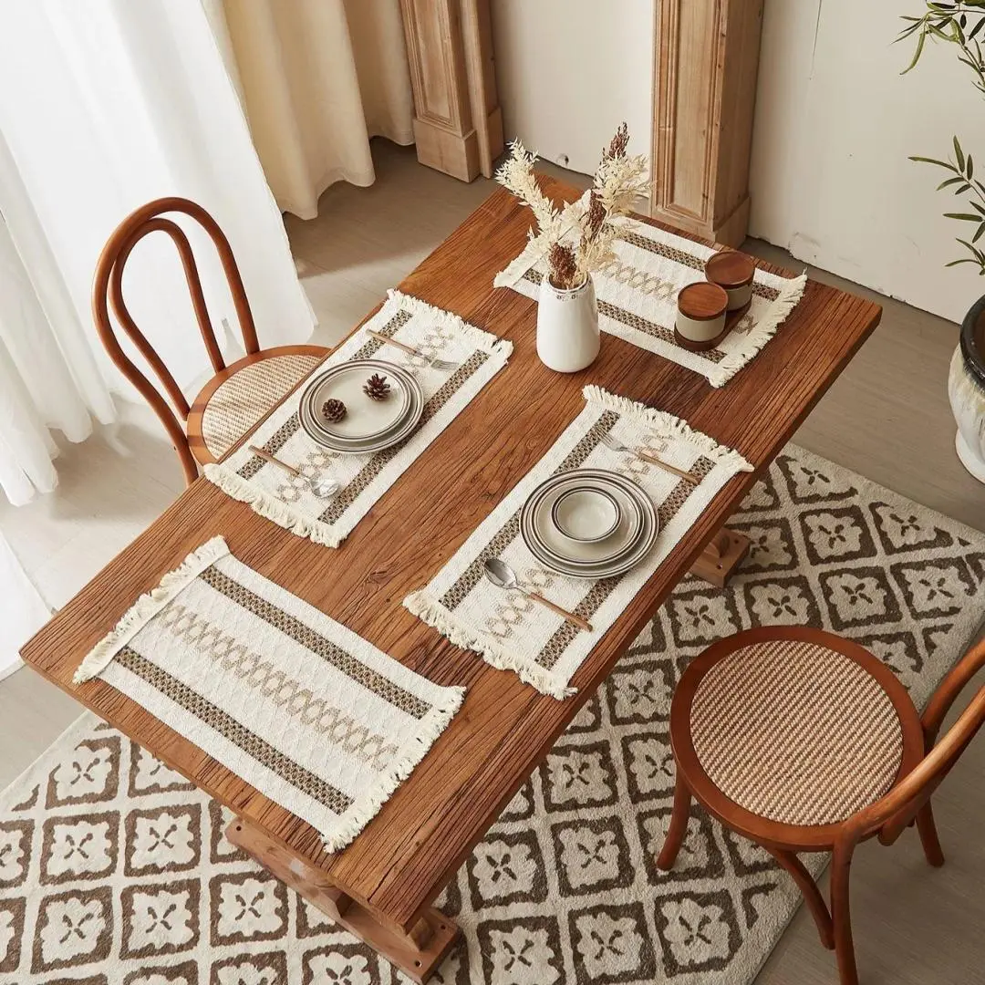 1/4PCS Woven Tassel Placemats, Cotton-Linen Square Table Mats, Simple Boho Dining Table Decor, Reusable Place Mats for Kitchen, Dining Room, Coffee Table & Home