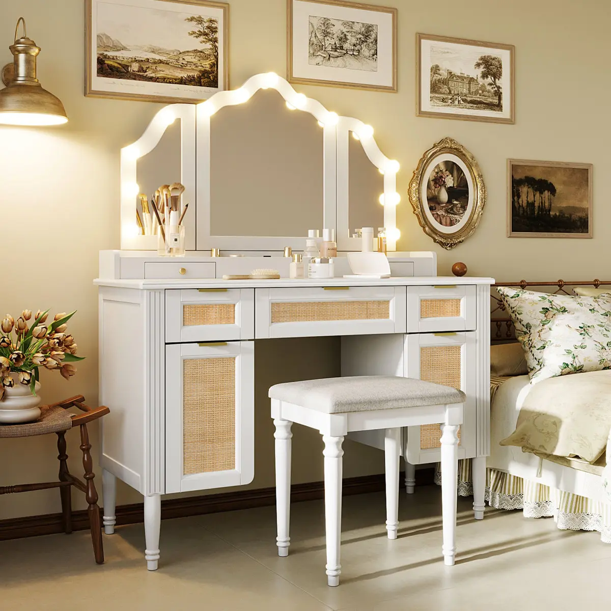 White 44.37in Makeup Vanity Desk with Stool Set - 13 Hollywood Bulbs, 3 Lighting Modes, Tri-Fold Mirror, Cushioned Stool, Charging Station, Ample Storage