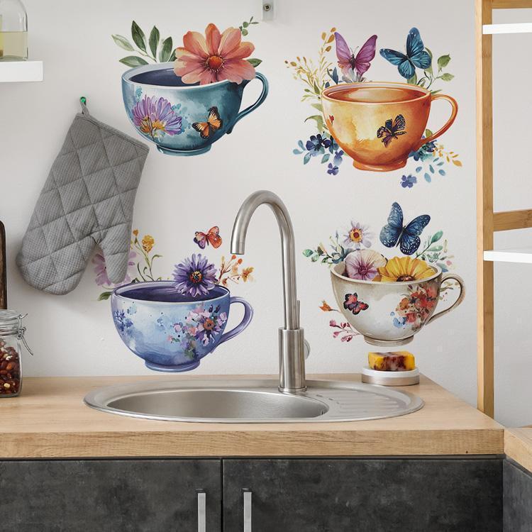Creative Watercolor Exquisite Tea Cup Wall Sticker For Kitchen Restaurant Decoration Mural Room Background Home Decor Wallpaper