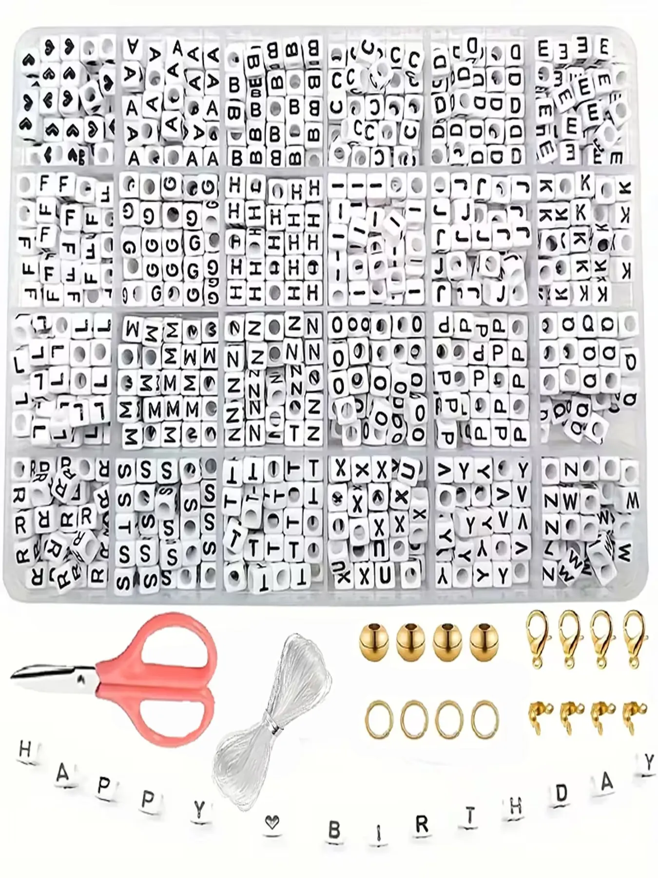 1380 Pieces Alphabet Beads Kit, 6x6mm Square Letters A-Z, Includes Transparent Elastic Thread and Lobster Clasp, Craft Supplies, Jewelry Making Kits