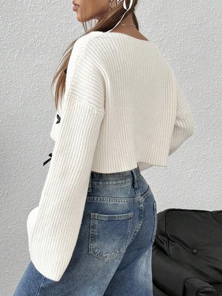 Elegant V Neck Bow Decor Sweater Knitwear, Short Casual Knit Pullover for Fall & Winter, Versatile Fashionable Women's Top