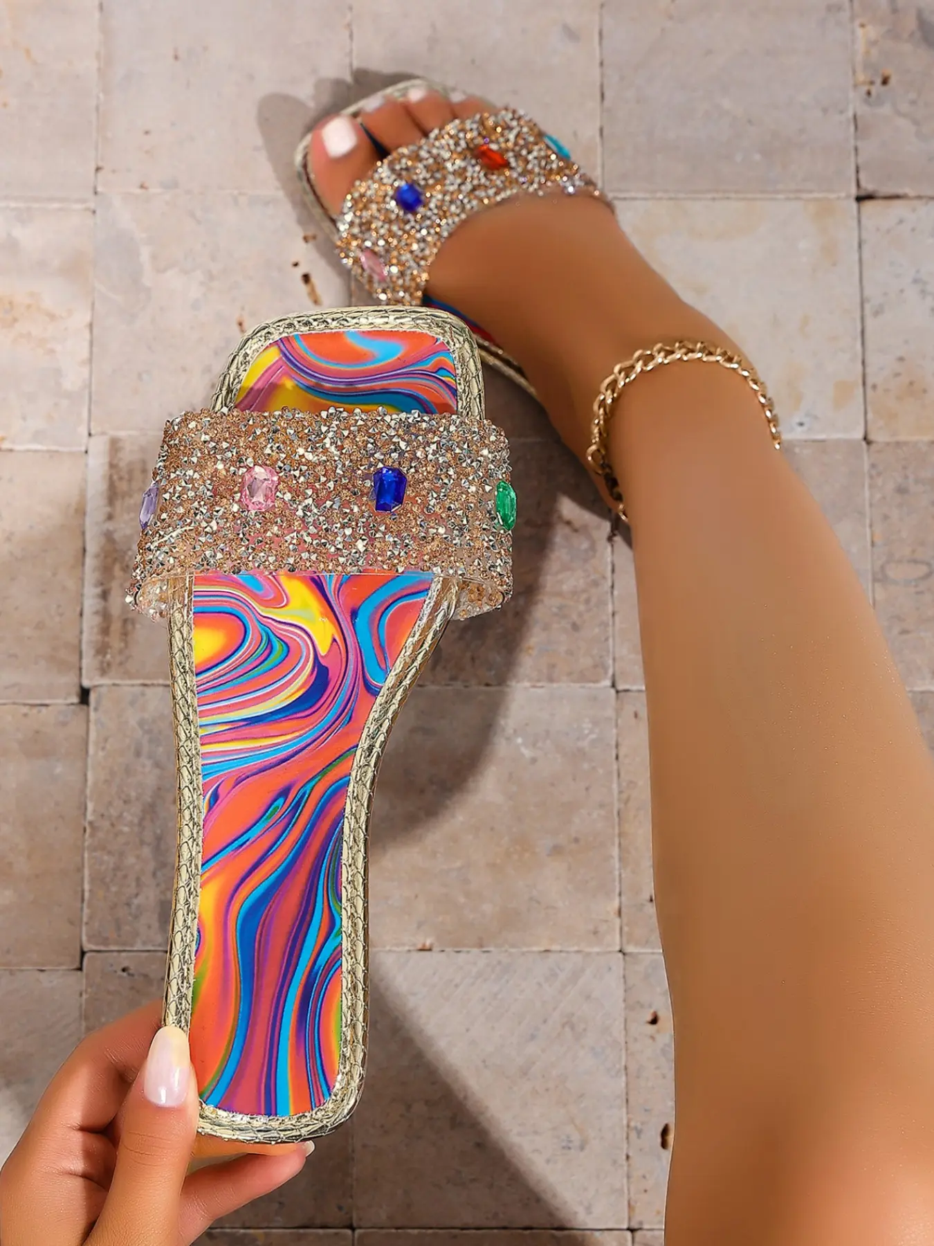 Women's New Multi-Color Rhinestone Embellished Sandals, Open-Toe Slip-On Crystal Slides, Comfortable Soft Sole, Fashionable for Daily Wear, Beach, Party, Gifts
