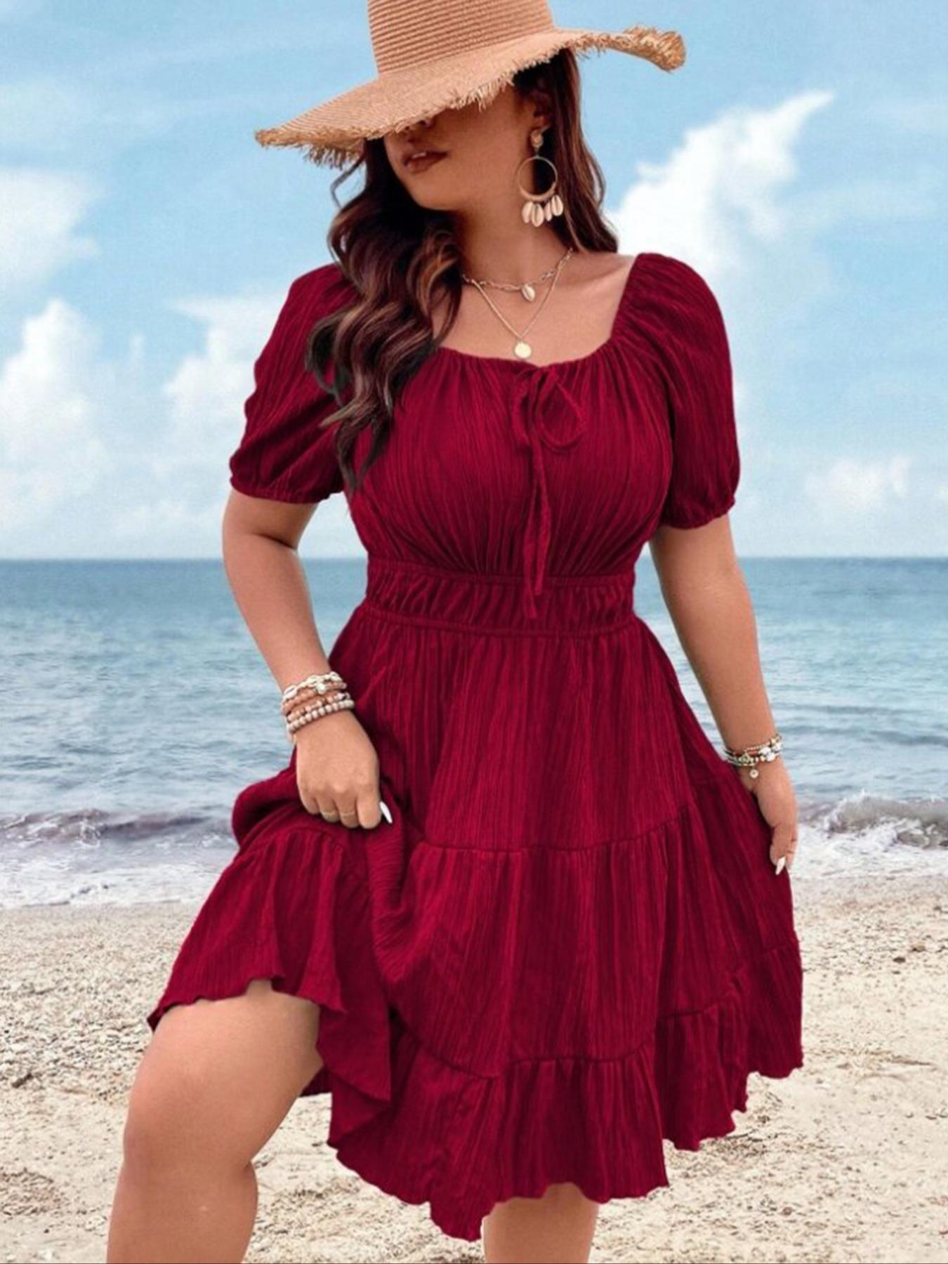 【Plus Size】 Solid Tie Front Dress, Plus Elegant Short Sleeve Dress for Summer, Women's Plus Clothing for Beach Holiday, Plus Size Tummy Flattering Dresses, Casual Fashion Dress, Boho Style Dresses