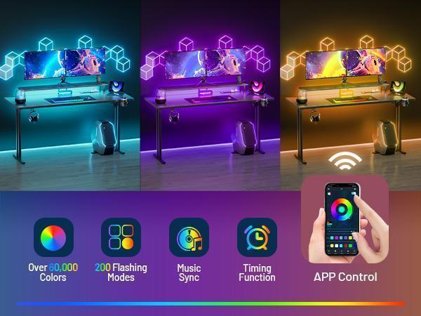 Ecofurnix,LED light game table & power socket, computer gaming desks & monitor stand, ergonomic carbon fiber game table, home office desk with cup holder, headphone hook and mouse pad, simple assembly