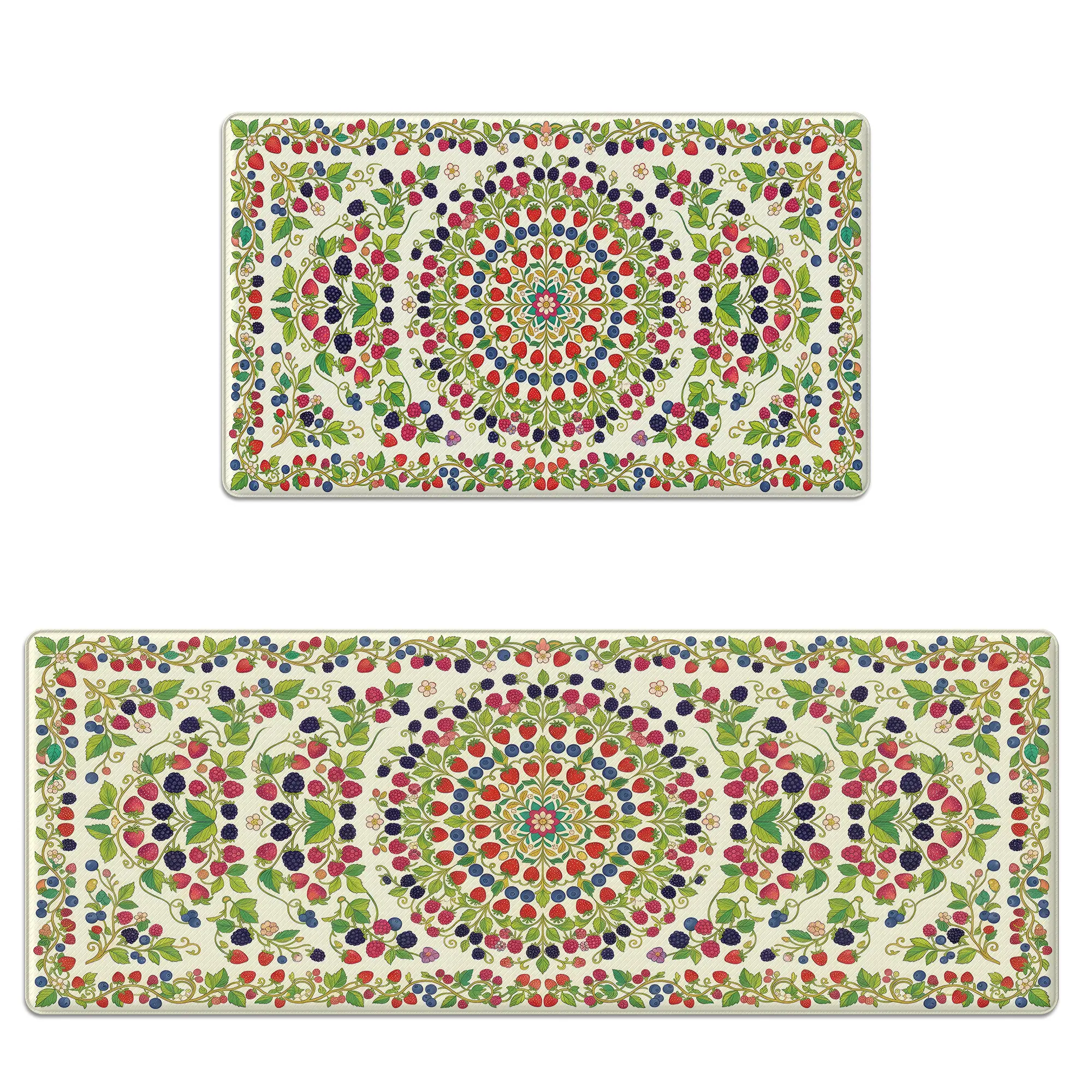 Kitchen Mat Set Anti-Fatigue Cushioned Memory Foam, Non-Slip, Scratch-Resistant & Waterproof Berry Mandala Floor Rug for Kitchen