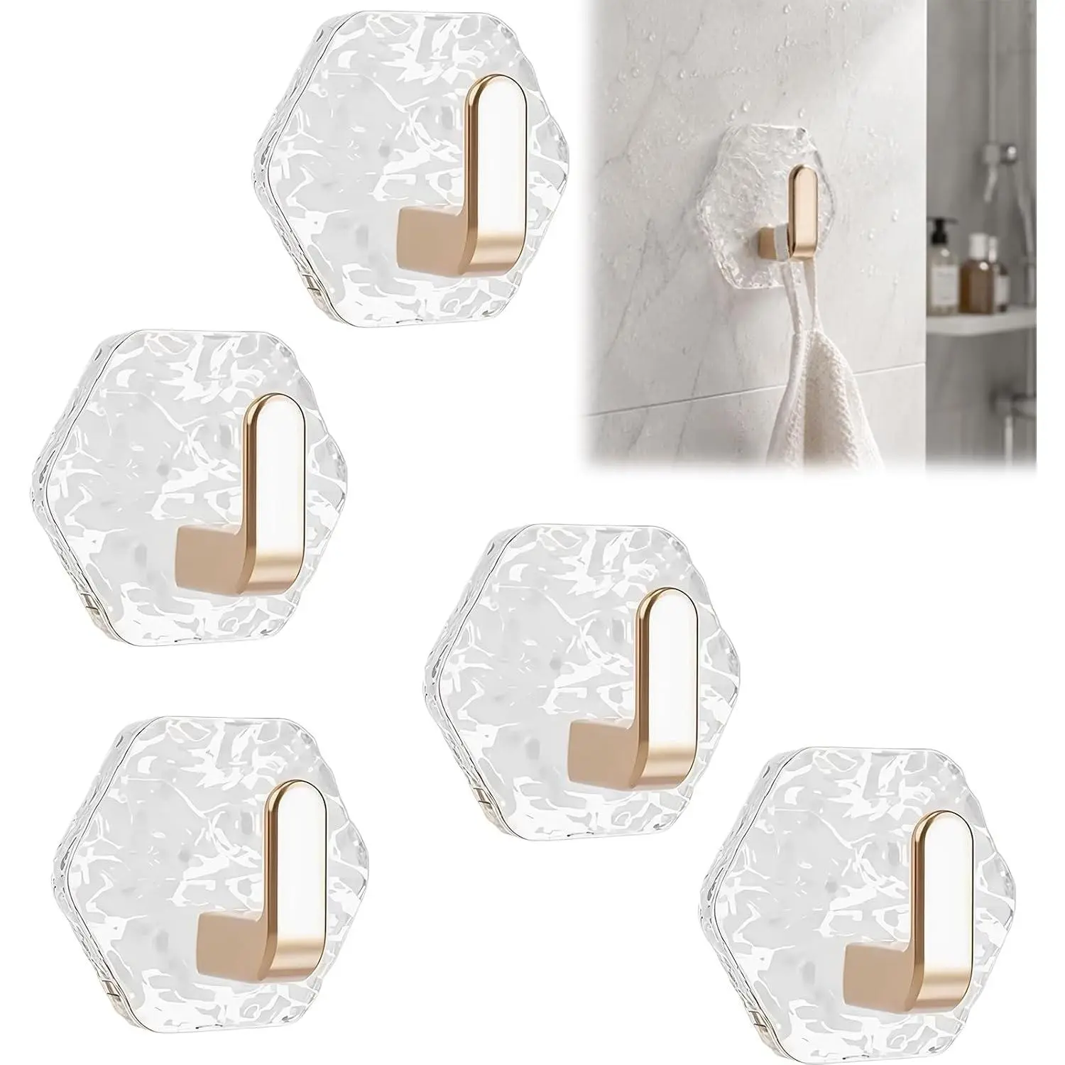 Gold Water Ripple Hexagonal Self-Adhesive Hooks - Heavy Duty Waterproof Wall Organiser, 10/20 Pcs Kitchen Towel Holder Sticky Hooks for Home Use
