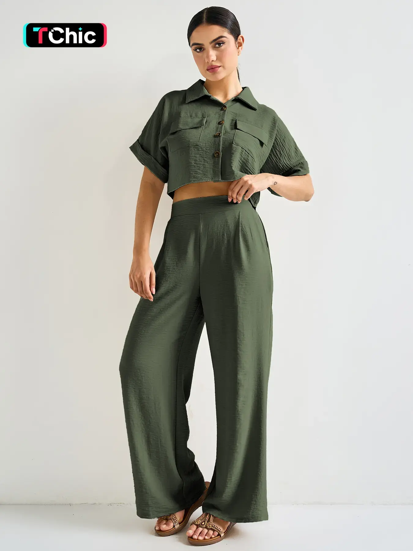 Women's Minimalist Casual Collared Flap Pocket Short Sleeve Top & High Waist Trousers Co-ord Clothes Matching Casual Outfit Set Clothing Set Casual Summer Set Clothes Sets