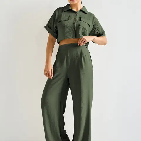 Women's Minimalist Casual Collared Flap Pocket Short Sleeve Top & High Waist Trousers Co-ord Clothes Matching Casual Outfit Set Clothing Set Casual Summer Set Clothes Sets