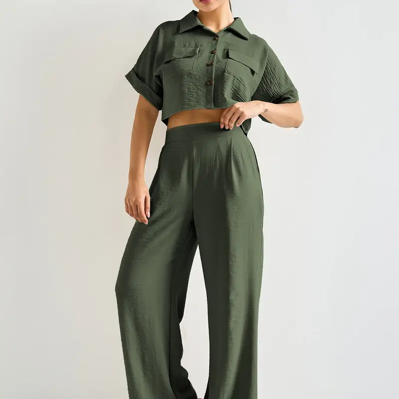 Women's Minimalist Casual Collared Flap Pocket Short Sleeve Top & High Waist Trousers Co-ord Clothes Matching Casual Outfit Set Clothing Set Casual Summer Set Clothes Sets