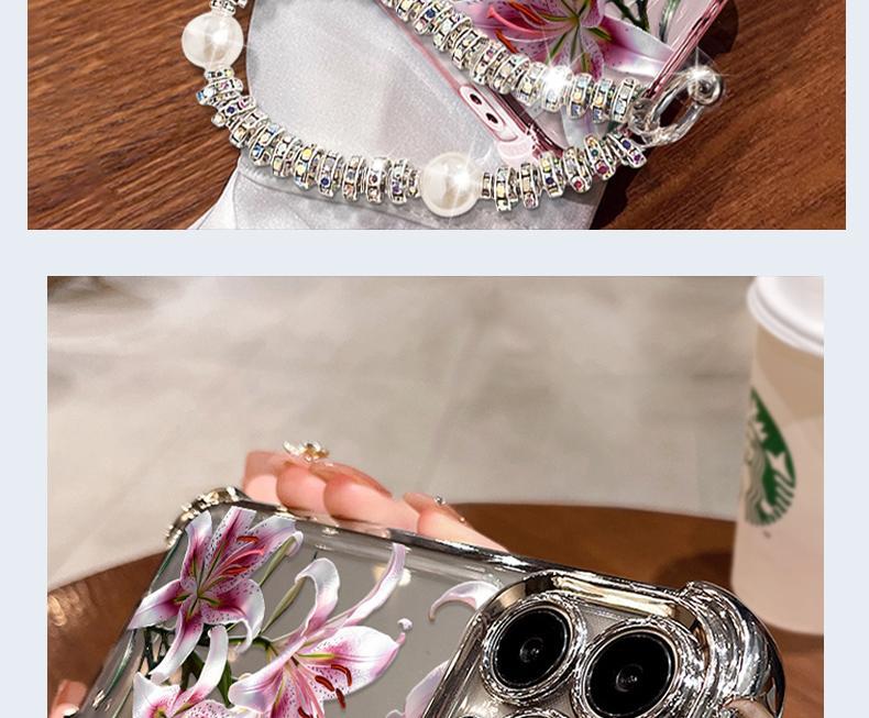 Phone case with pink lily design, compatible with iPhone 11/12/13/14/15/16/17 Pro Max, 14/15/16 Plus, X, & XS Max models, featuring a built-in chrome pink frame and drop protection.