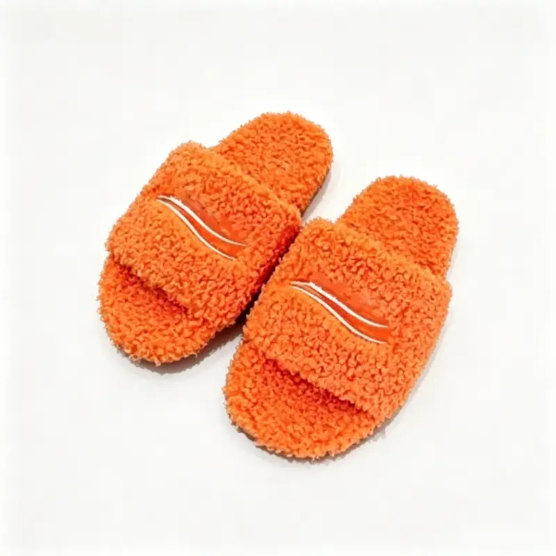 Unisex Orange Curly Fuzzy Slide Slippers Paris Trend Wave Embroidery Fluffy Open Toe House Slippers Soft Plush Cozy Anti Slip Flat Indoor Bedroom Bathroom Casual Home Footwear For Women Men