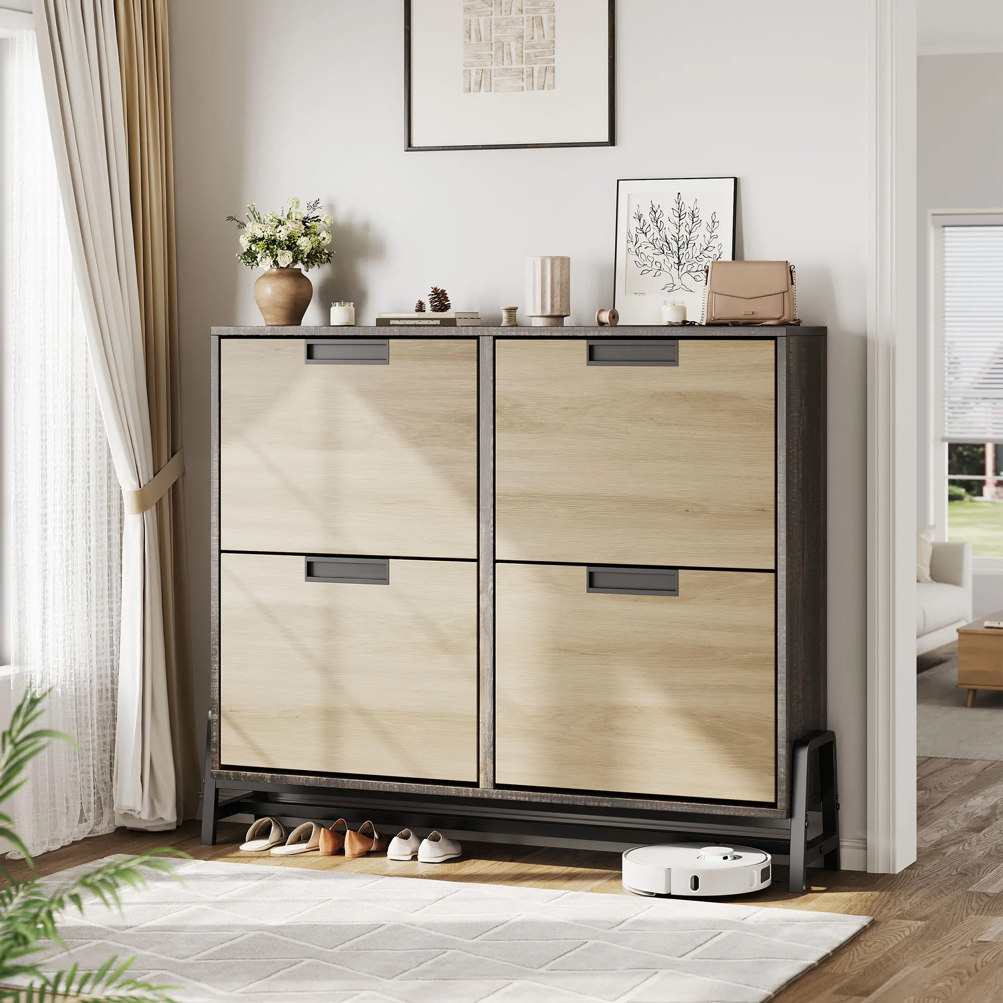 Space-Saving Narrow Shoe Cabinet Only, Freestanding Entryway Organizer with 4 Turnover Drawers and 3 Adjustable Tiers, Hallway Storage Rack for Foyer and Living Room