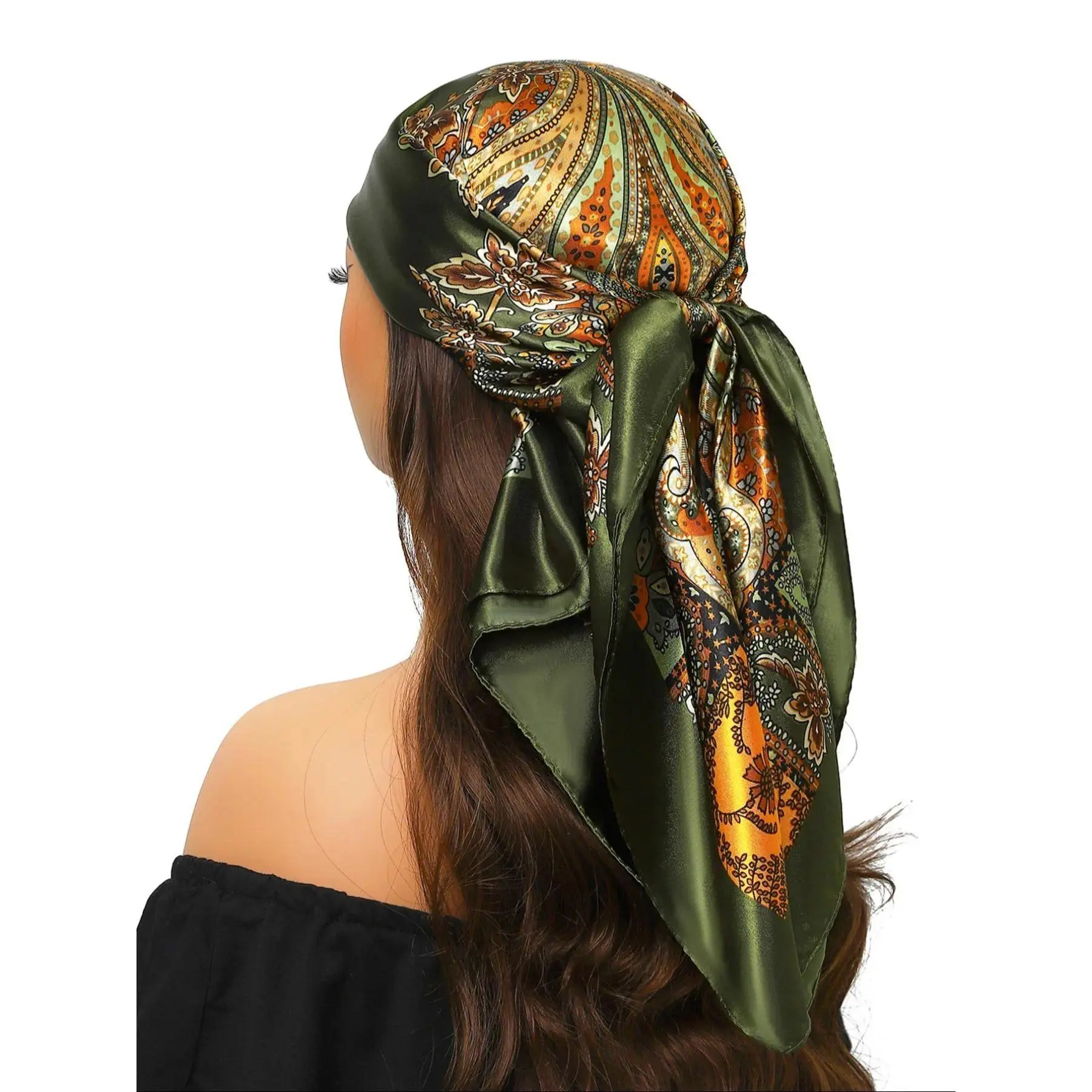 Women's Square Head Scarf, Boho Vintage Paisley Print, Colorful Luxury Shawl Wrap for Hair & Neck, 90x90cm, Beautiful Patterns Head Scarves, Colorful Luxury Head Scarves