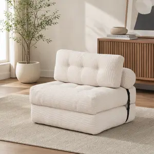 Beige Corduroy 1-Person Convertible Sofa Bed - Foldable Sleeper Chair with Pillow, Mattress & Back Support, 34.7x68.5in, Portable Indoor Futon for Small Spaces