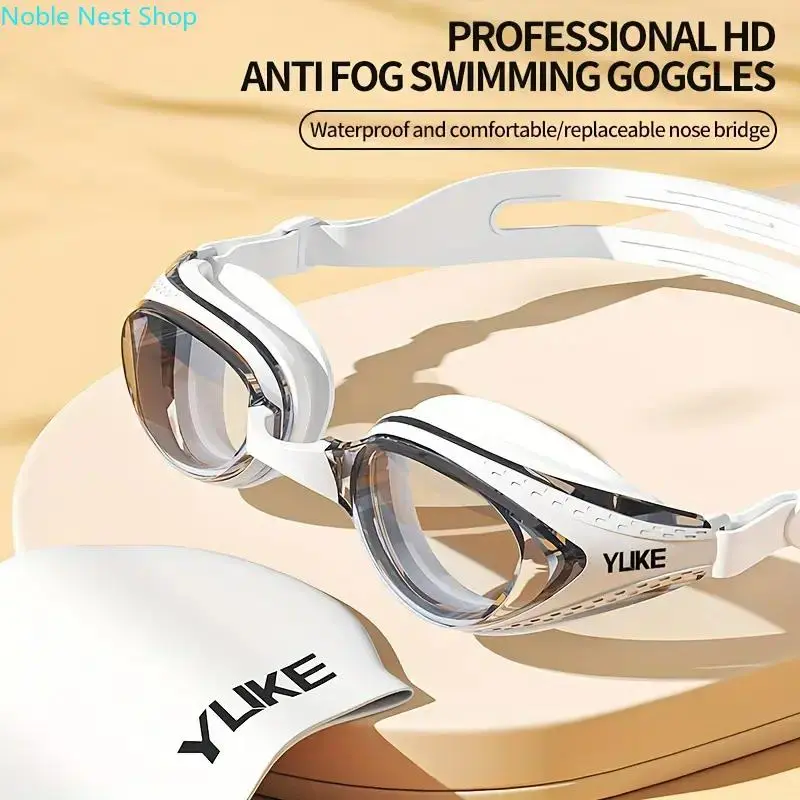 1 Pair HD Anti-Fog Waterproof Swimming Goggles for Men Women, White Frame with Clear Lens, Comfortable Goggles with Replaceable Nose Bridge for Pool and Water Sports