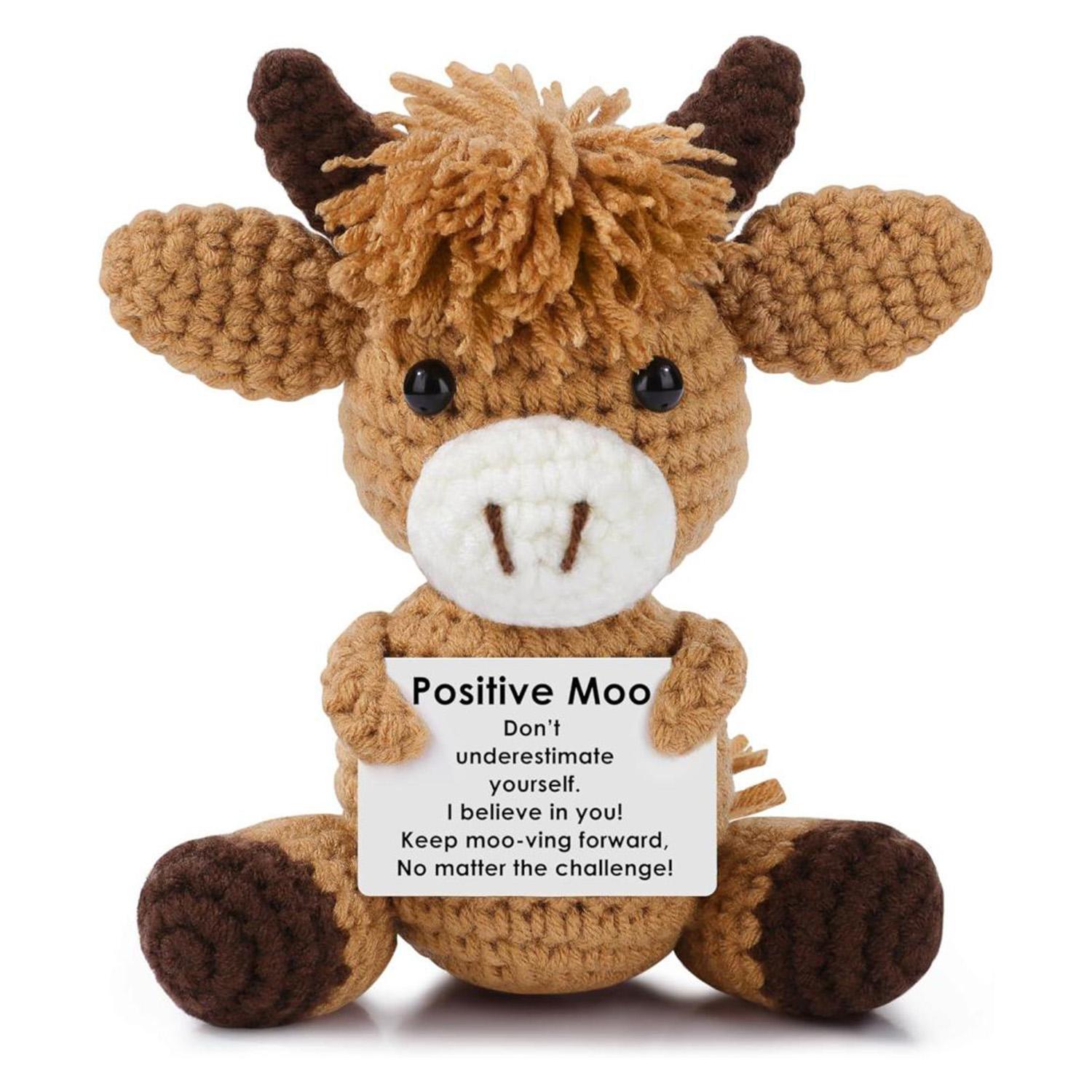 Cute Tiny Hand Knitted Cow Stuffed Toy, Ultra Soft Plushie for Anxiety Relief, Kawaii Backpack Purse Pendant, One of a Kind Handmade Crochet Decor for Home Office Car, Meaningful Gift for Birthday Graduation Mother’s & Father’s Day