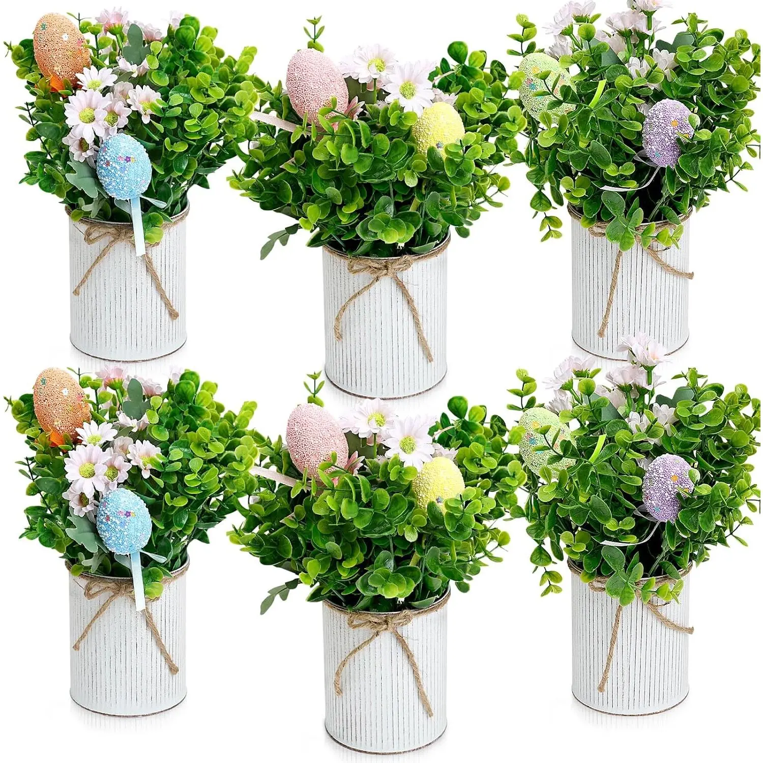 Farmhouse 6-Pack Decorative Easter Egg Centerpieces Set - Rustic Metal Vases with Silk Pink Daisies, Eucalyptus, 10 x 10.5in Colorful Eggs Decoration for Indoor Coffee Table, Dinner Table Home Supplies