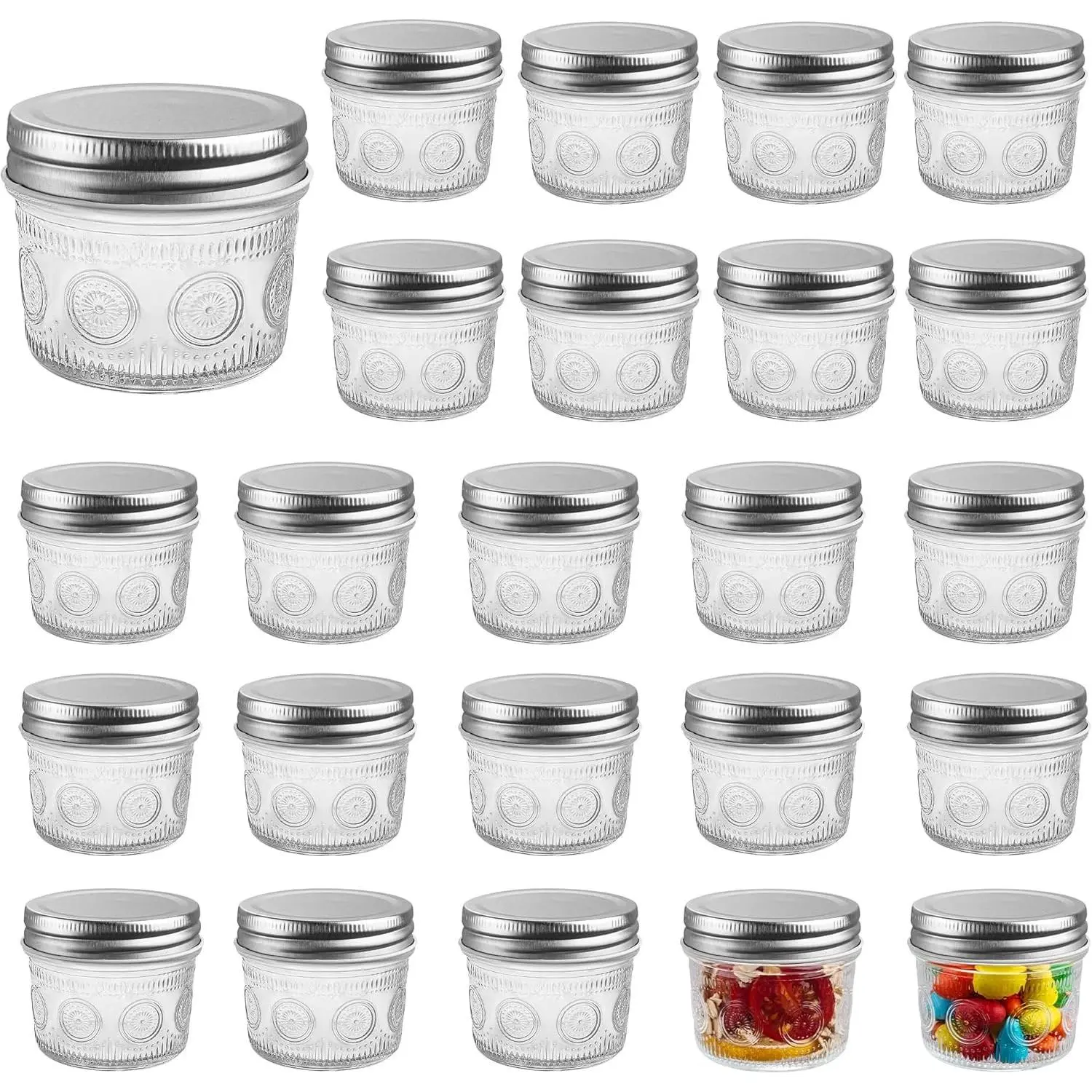 Amzcku 4 oz Reusable Regular Mouth Glass Mason Jar Set - 24-Pack Kitchen Containers for Canning, Storage, Overnight Oats, Wedding Favors