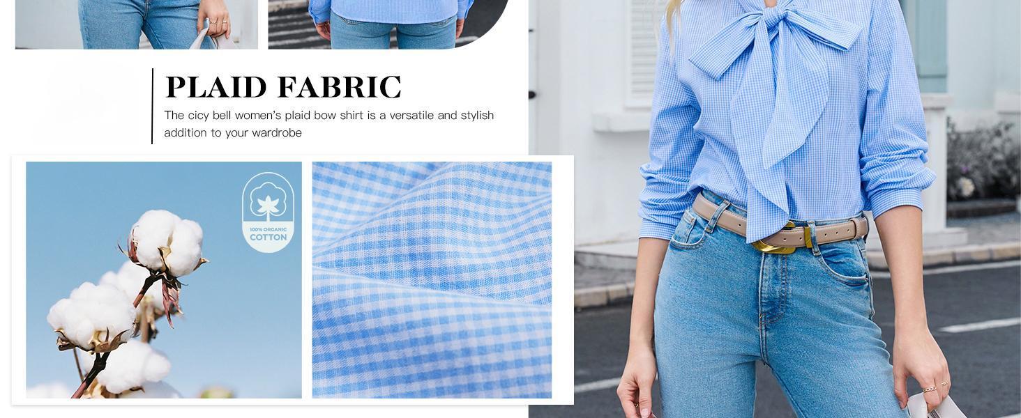 Imily Bela Womens Plaid Shirts Bow Tied Neck Button Down Long Sleeve Casual Dressy Blouse Tops Womenswear Chic