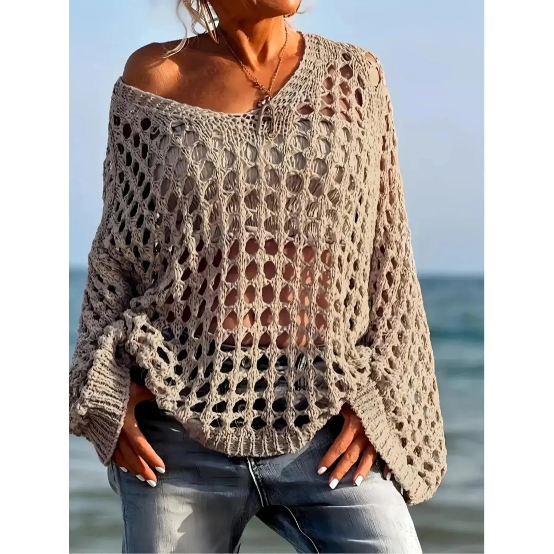 Women's Hollow Out V Neck Knit Sweater, Loose Batwing Sleeves, Shoulderless Boho Bohemian Style, Long Sleeve, Casual Vacation Wear