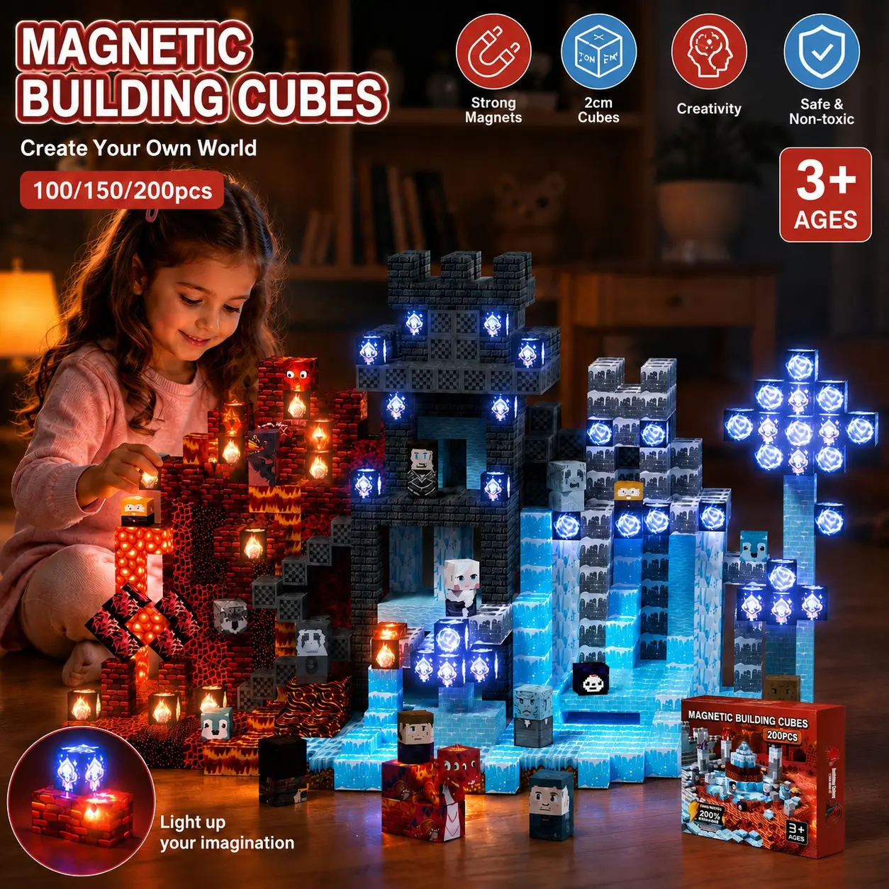 100/150/200pcs Glow Magnetic Blocks, Ice Fire Theme Pixel Building Toy, Stem Educational Bricks, DIY Creative 3D Puzzle, Kids Birthday Gift, 3+ Years
