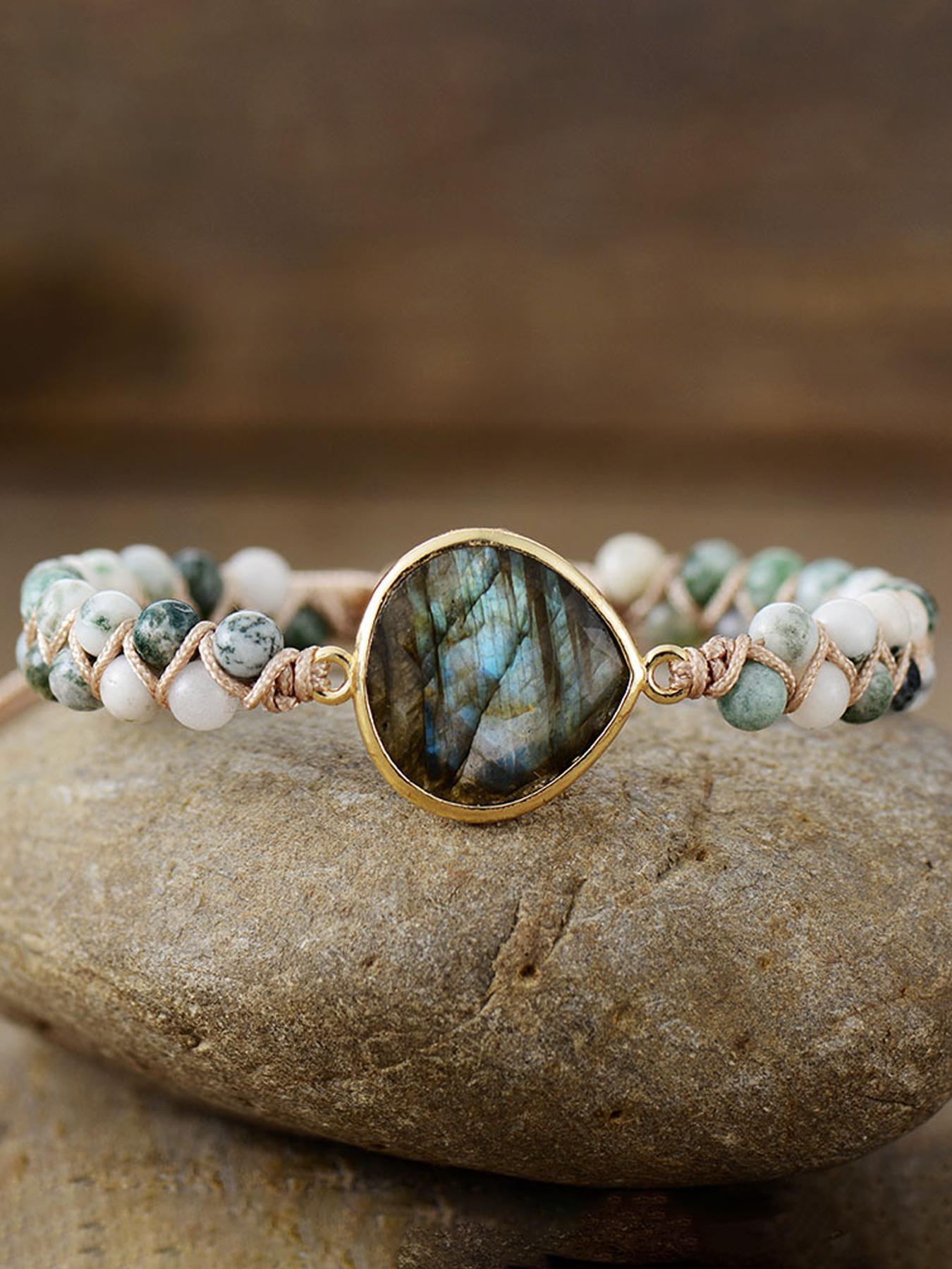 Boho Style Natural Stone Braided Bracelet, Beaded Bracelet, Adjustable Braided Bracelet for Women & Men, Fashion Accessories for Daily Wear, Solstice Gemstone Bracelet